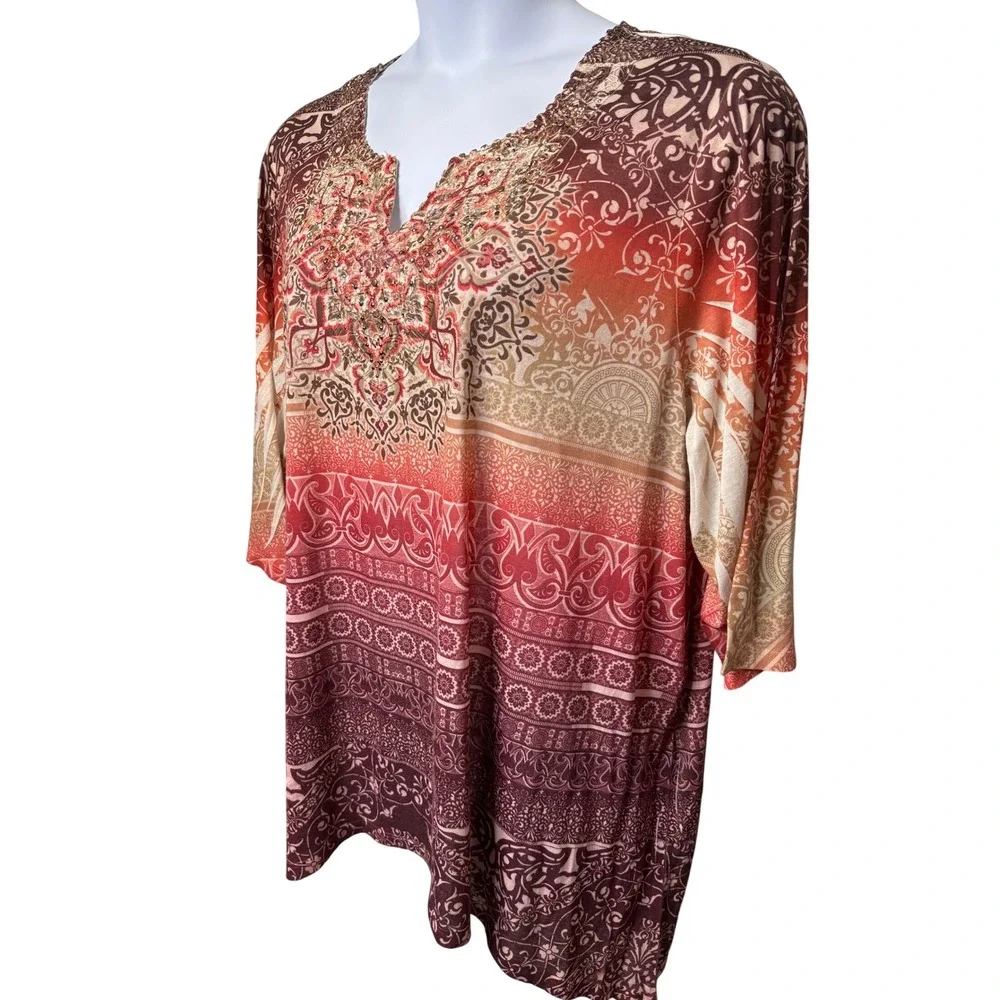 CATHERINES Orange Paisley Embellished V-Neck Tunic Top 2X Boho-Chic Art-to-Wear
